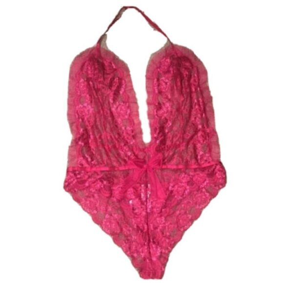 Adore Me Sierra Mesh Ruffle & Bow Floral Lace Sheer Teddy Raspberry Wine Red 3XL - Picture 1 of 8
